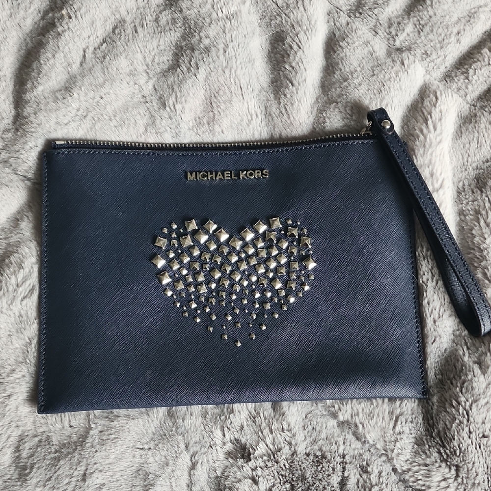 Michael Kors Dark Blue Wristlet with Silver Studded Heart